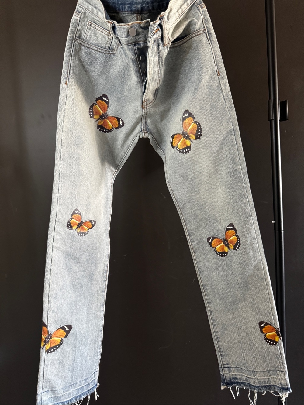 MNML Light Blue Straight Leg Jeans with Orange Butterfly Prints